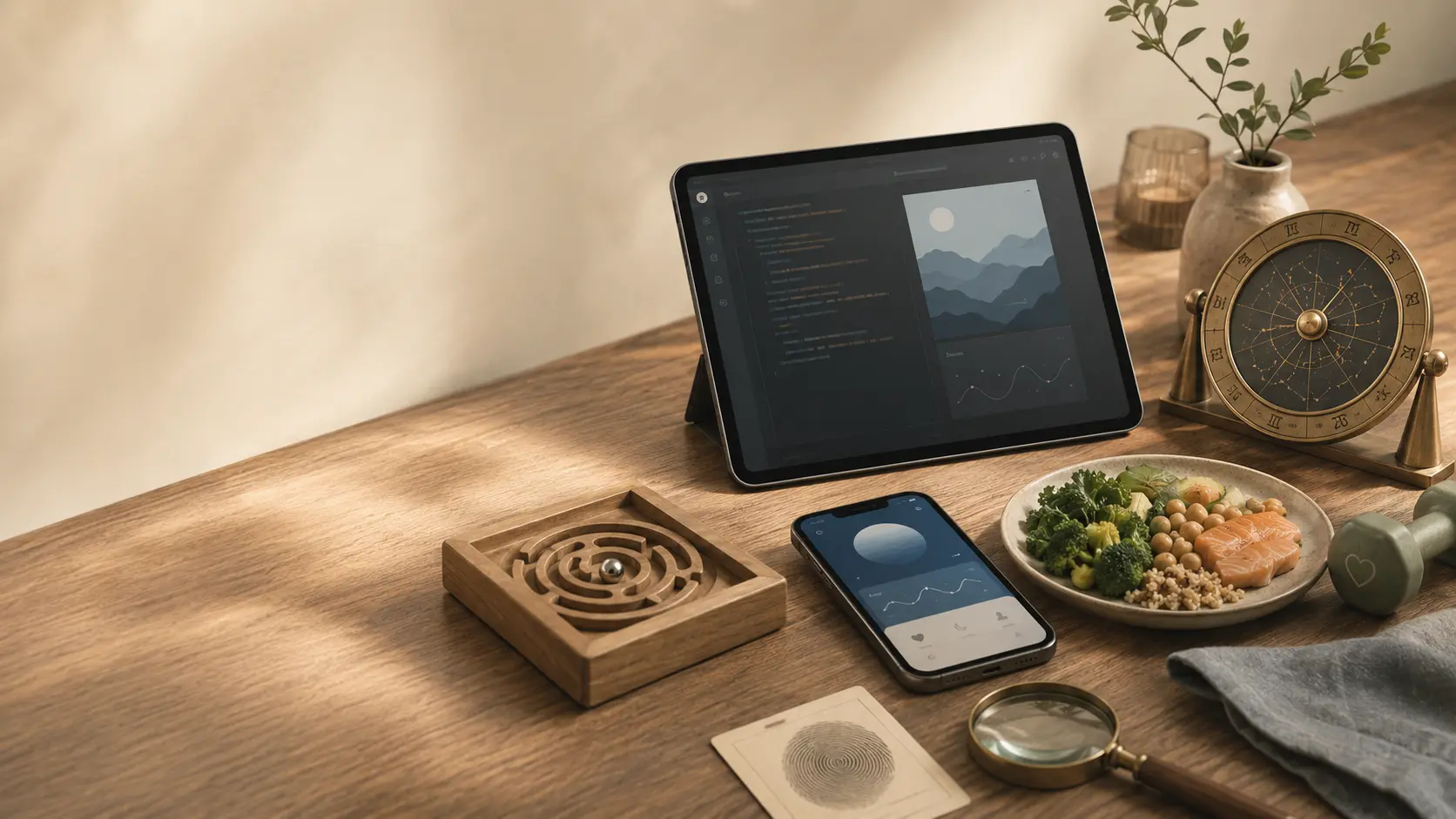 Kreativt arbejdsbord med appudvikling, labyrint, efterforskning, sundhed og astrologi